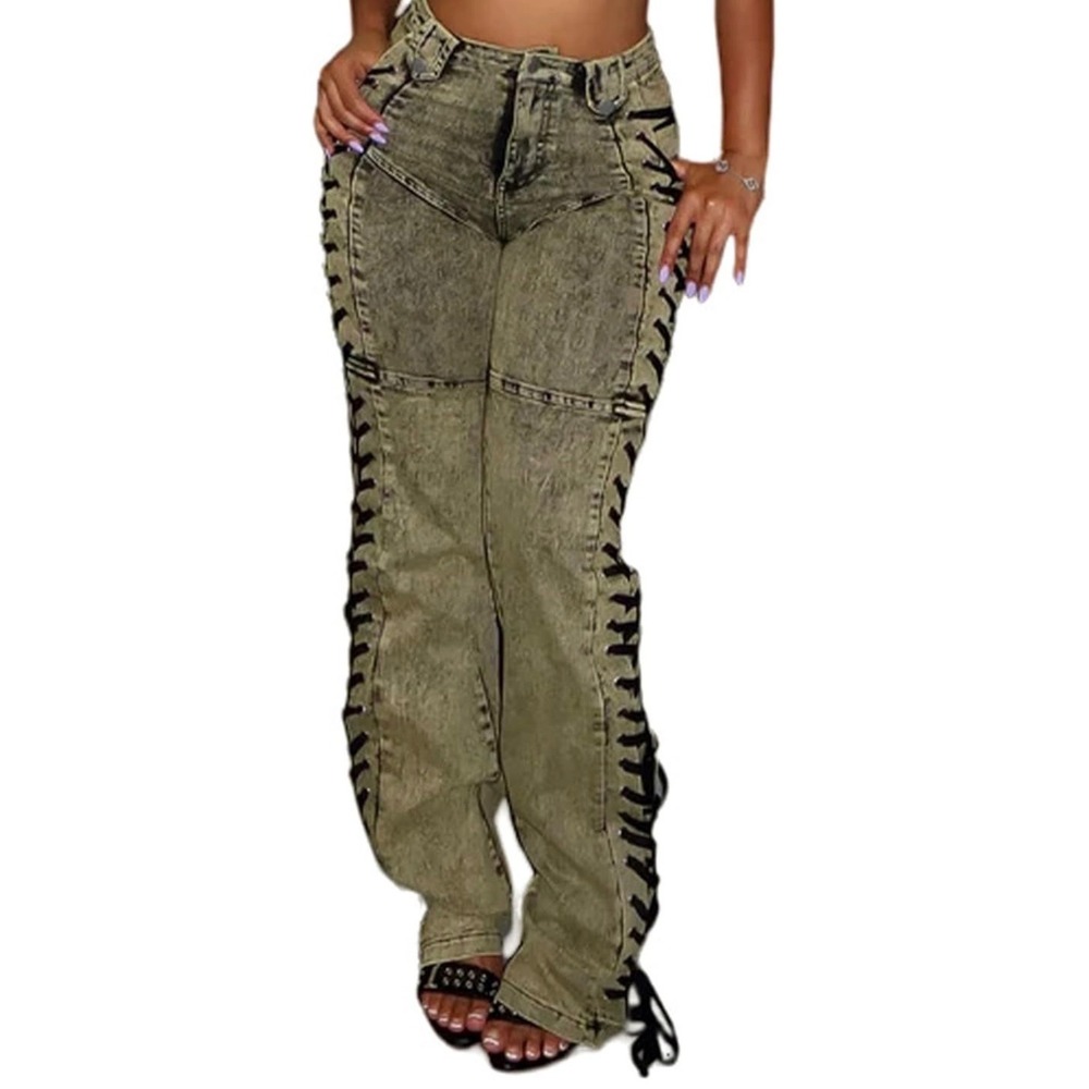 Y2K Lace Up Side Acid Wash Green Jeans High Waisted Split Hem Straight Leg M